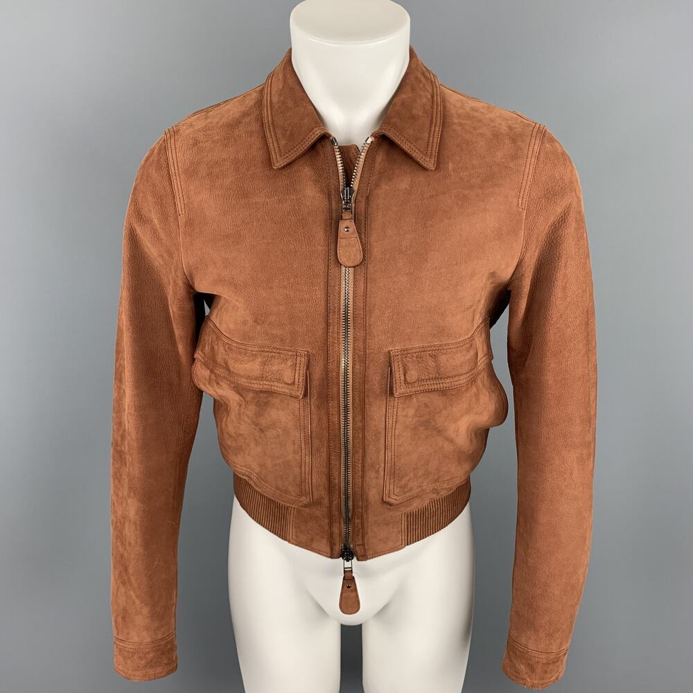 BURBERRY LONDON Chest Size 38 Brick Solid Zip Up Nubuck Leather Jacket